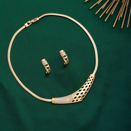 Estele Gold-Polished Boomerang Designer Necklace Set with White Austrian Crystals for Women Estele Accessories