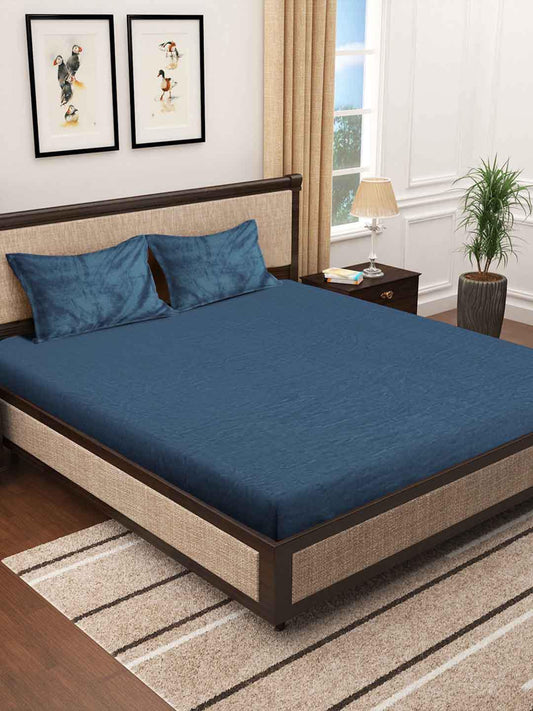 KLOTTHE Turquoise Blue 300 TC Woolen Fitted King Bedsheet With 2 Pillow Covers