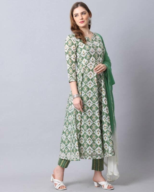 Aastha Fashion Women's Bottle Green Cotton Embroidered Kurta with Trouser & Dupatta - Grab2buy