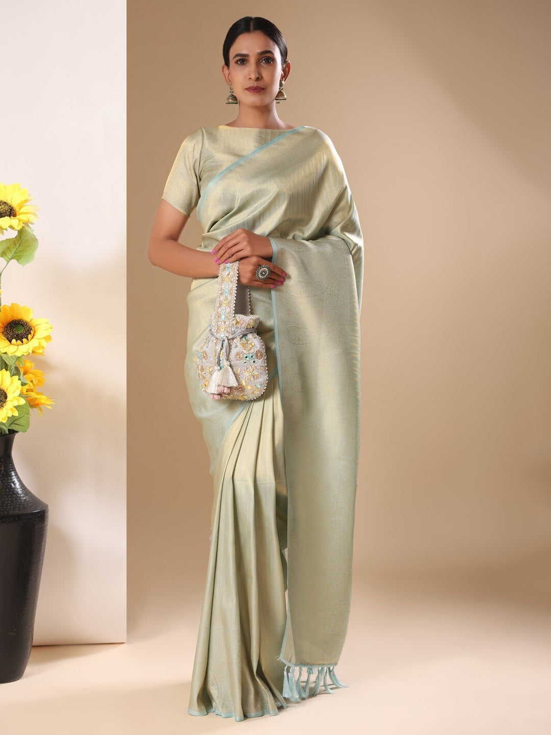 Masq Grey & Gold-Toned Embroidered Potli Clutch - Grab2buy