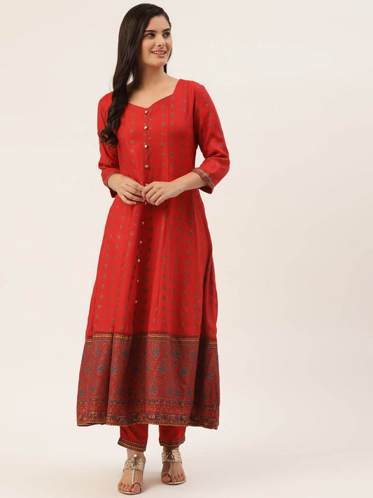 HERE&NOW Women Red Ethnic Motifs Printed Kurta with Trousers