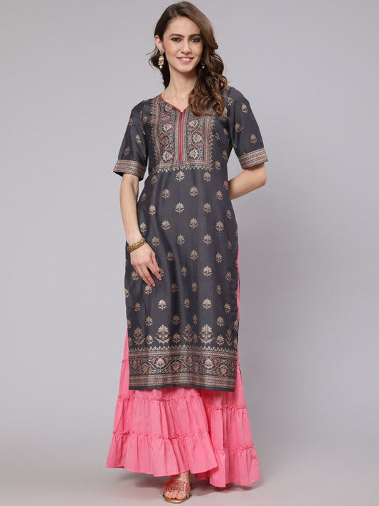 Aks Ethnic Motifs Printed Straight Silk Kurta