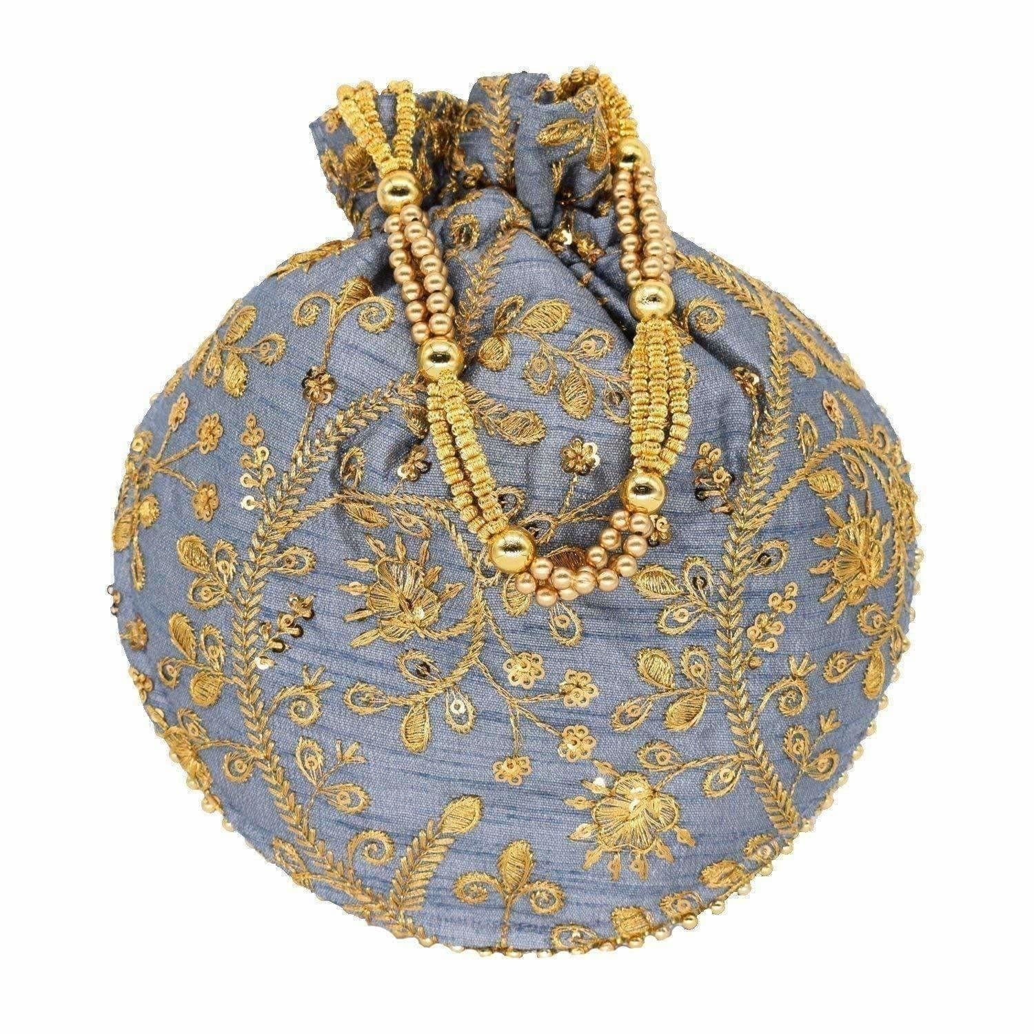 Ethnic Clutch Silk Potli Batwa Pouch Bag with Metal Bead work Gift For Women - Grab2buy
