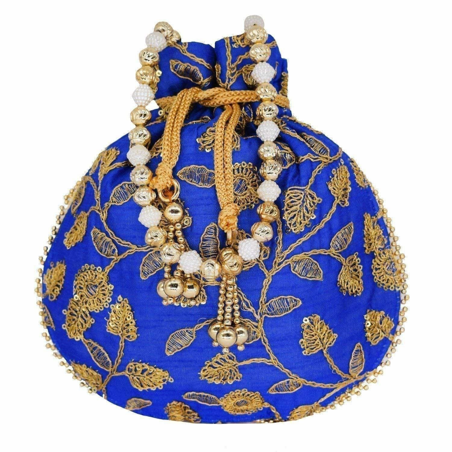 Ethnic Silk Potli bag Clutch Batwa Pouch with Embroidery and Metal Bead work Gift For Women - Grab2buy
