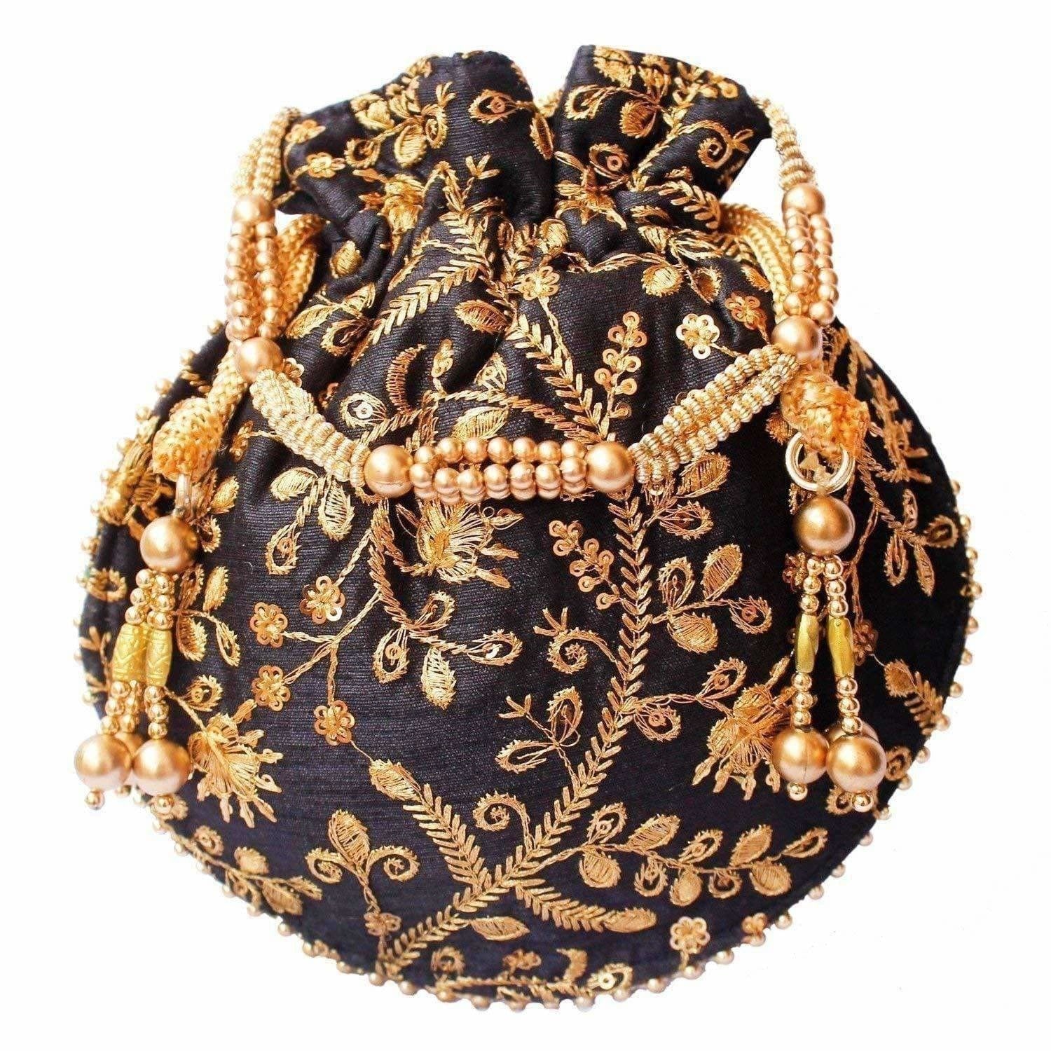 Ethnic Clutch Silk Potli Batwa Pouch Bag with Metal Bead work Gift For Women - Grab2buy