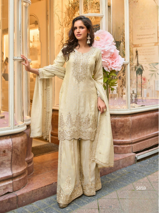 Anaita Beige Viscose Silk Readymade Palazzo Suit with Embroidery Work