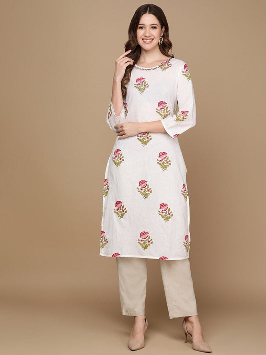 HERE&NOW White & Pink Floral Printed Pure Cotton Kurta