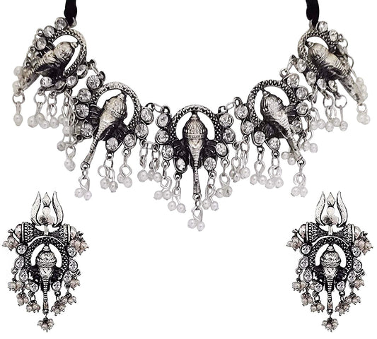 Silver-Plated Alloy Oxidised Ganesh Ji Shape Necklace - The Pari | Swadesiicart
