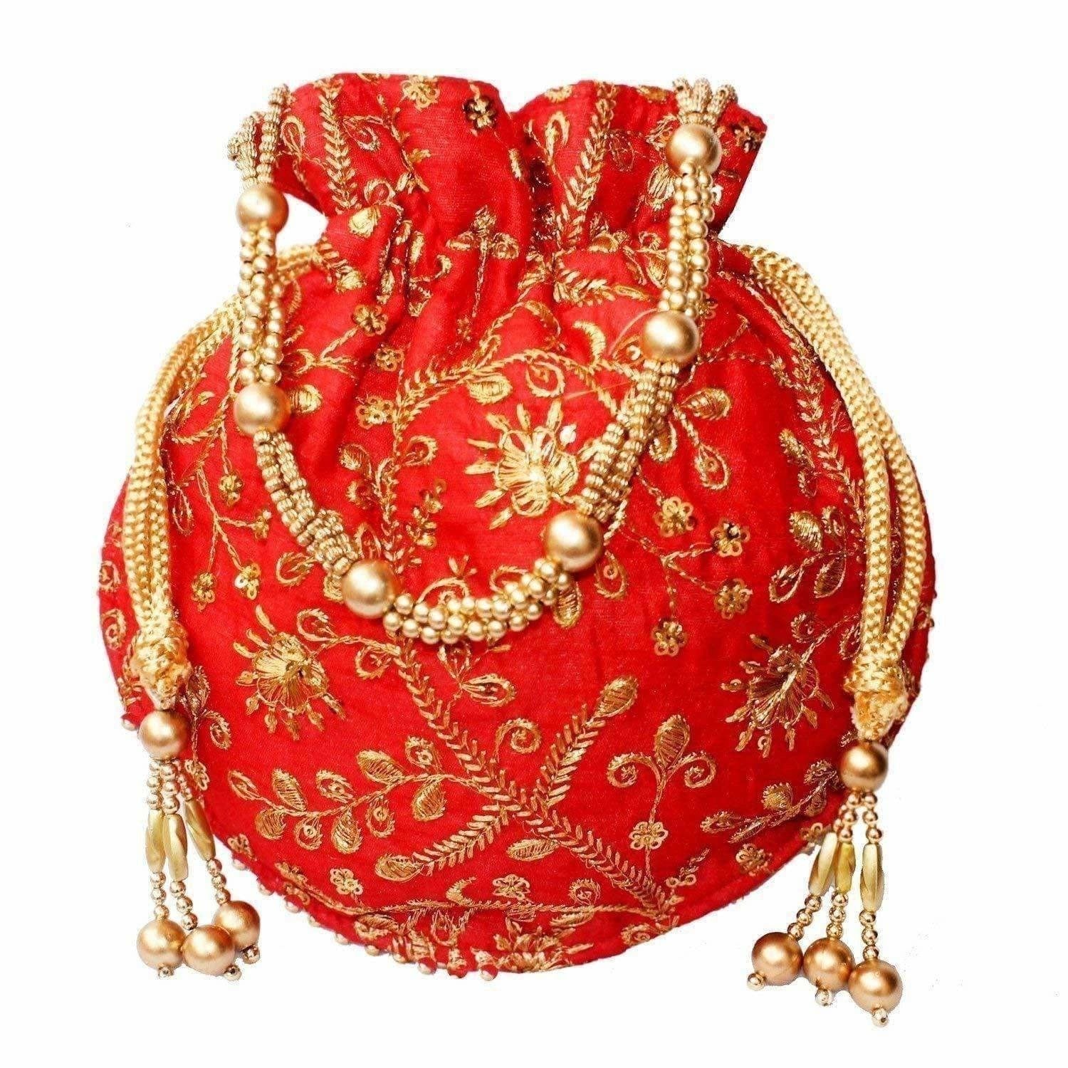 Ethnic Clutch Silk Potli Batwa Pouch Bag with Metal Bead work Gift For Women - Grab2buy