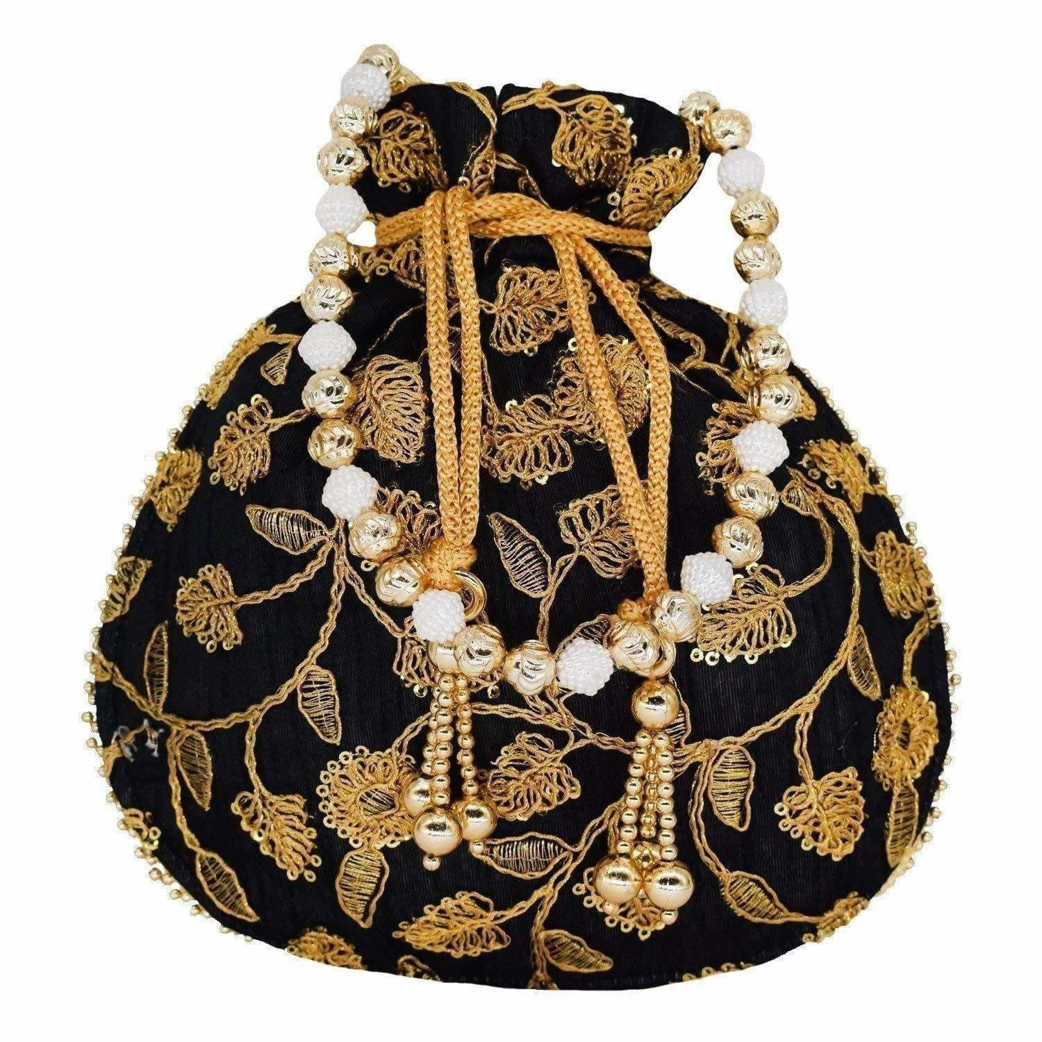 Ethnic Silk Potli bag Clutch Batwa Pouch with Embroidery and Metal Bead work Gift For Women - Grab2buy