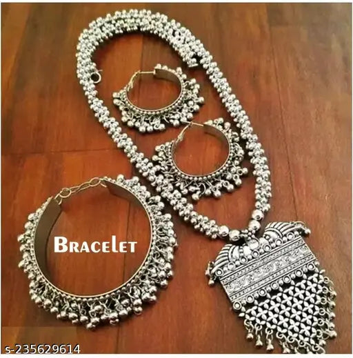 Tehzeeb Creations Women's Silver Colour Oxidised Necklace Earring And Bangle Set | Grab2Buy