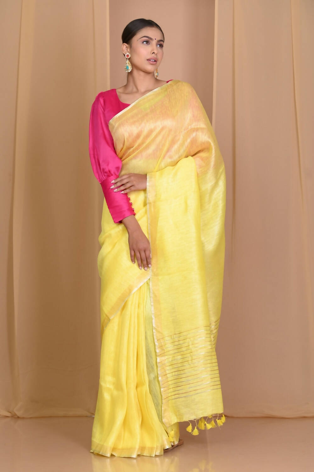 Very Much Indian Pure Linen Silk Saree With Sleek Border - Yellow - Grab2buy