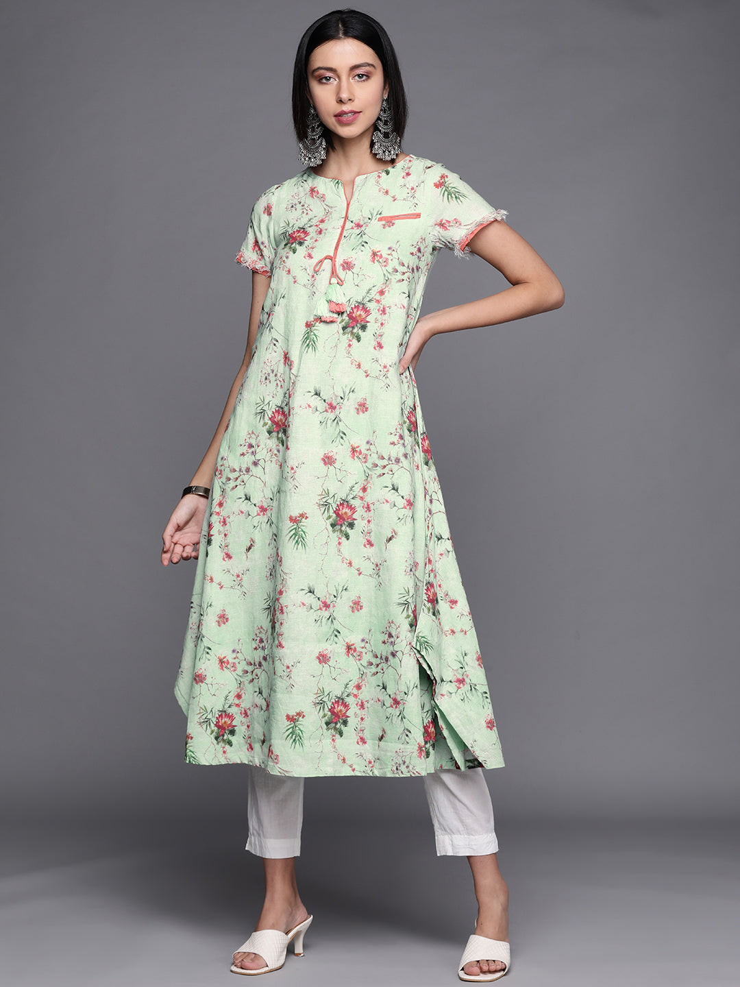 Biba Women Green & Pink Floral Printed Kurta - Grab2buy