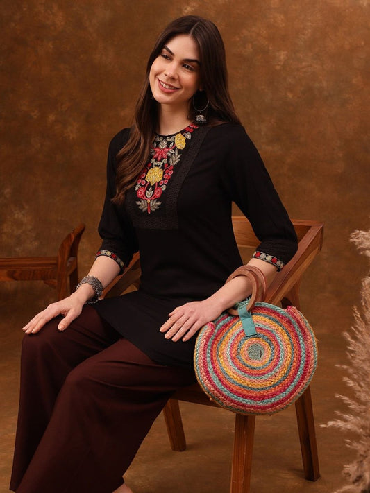 Anouk Floral Yoke Design Thread Work Straight Kurta | Grab2Buy