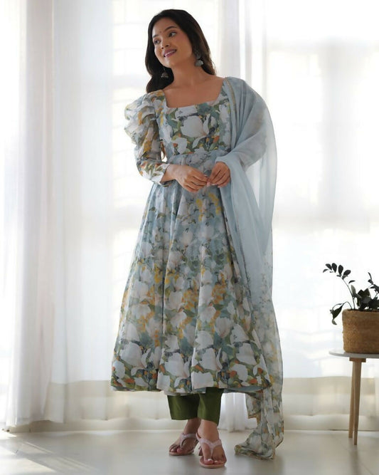 Teeya Creation Multi Color Pure Soft Organza Silk Digital print Party Wear Gown