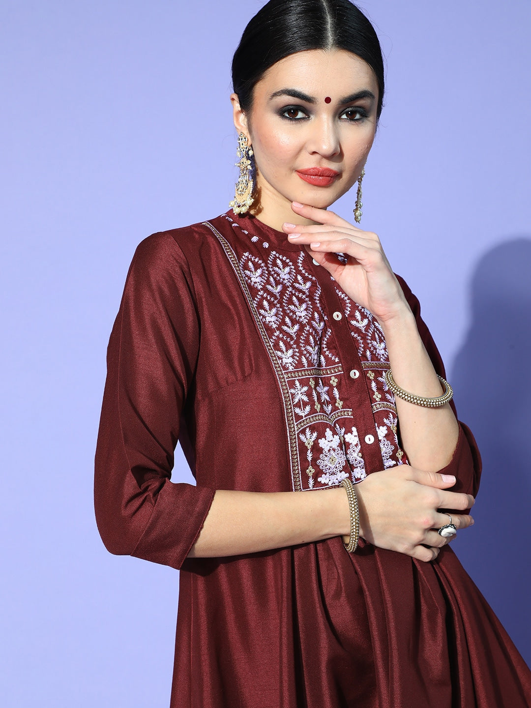 Sangria Women Maroon Ethnic Motifs Embroidered Yoke Design A-Line Kurta with Trousers - Grab2buy