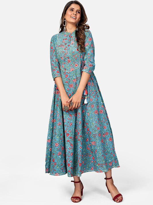 NOZ2TOZ Women's Printed & Embroidered Anarkali Cotton Turquoise Kurta (1Pc)