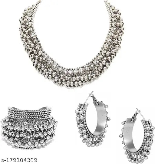 Tehzeeb Creations Women's Silver Colour Ghungroo Design Bracelet Necklace And Earrings Tehzeeb Creations