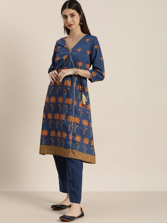 All About You Women Blue Floral Printed Angrakha Kurta with Trousers