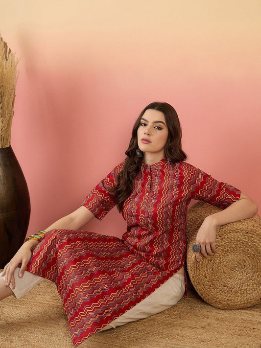 Anouk Red Chevron Printed Mandarin Collar Short Sleeves Cotton Kurta | Grab2Buy