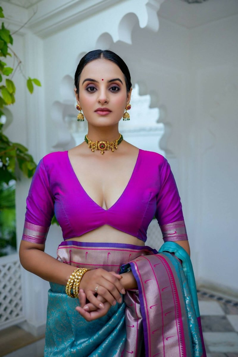 Aastha Fashion Teal Woven Kanjivaram Silk Saree with Blouse - Grab2buy