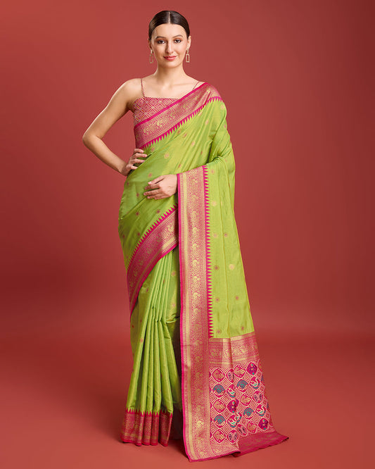 Monjolika Fashion Exquisite Designs With This Regal Parrot Green Patola Pallu Banarasi Tissue Silk Saree
