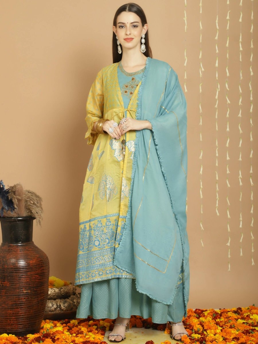 Aastha Fashion Women's Yellow Chanderi Silk Elegant Jardoshi Kurta with Trouser & Dupatta - Grab2buy