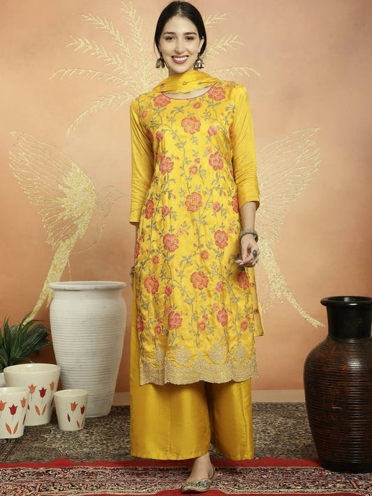 Aastha Fashion Women's Yellow Upada Silk Floral Resham Thread Kurta with Trouser & Dupatta - Grab2buy