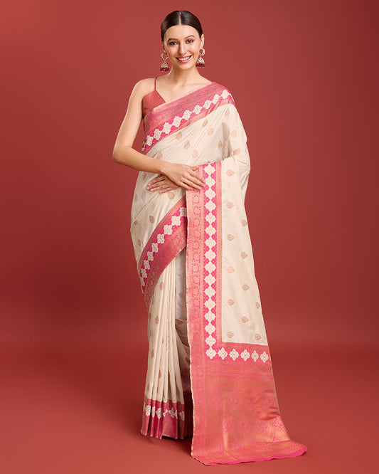 Monjolika Fashion Cream Color Banarasi Rich Zari Woven Weave For Opulent Charm Silk Saree