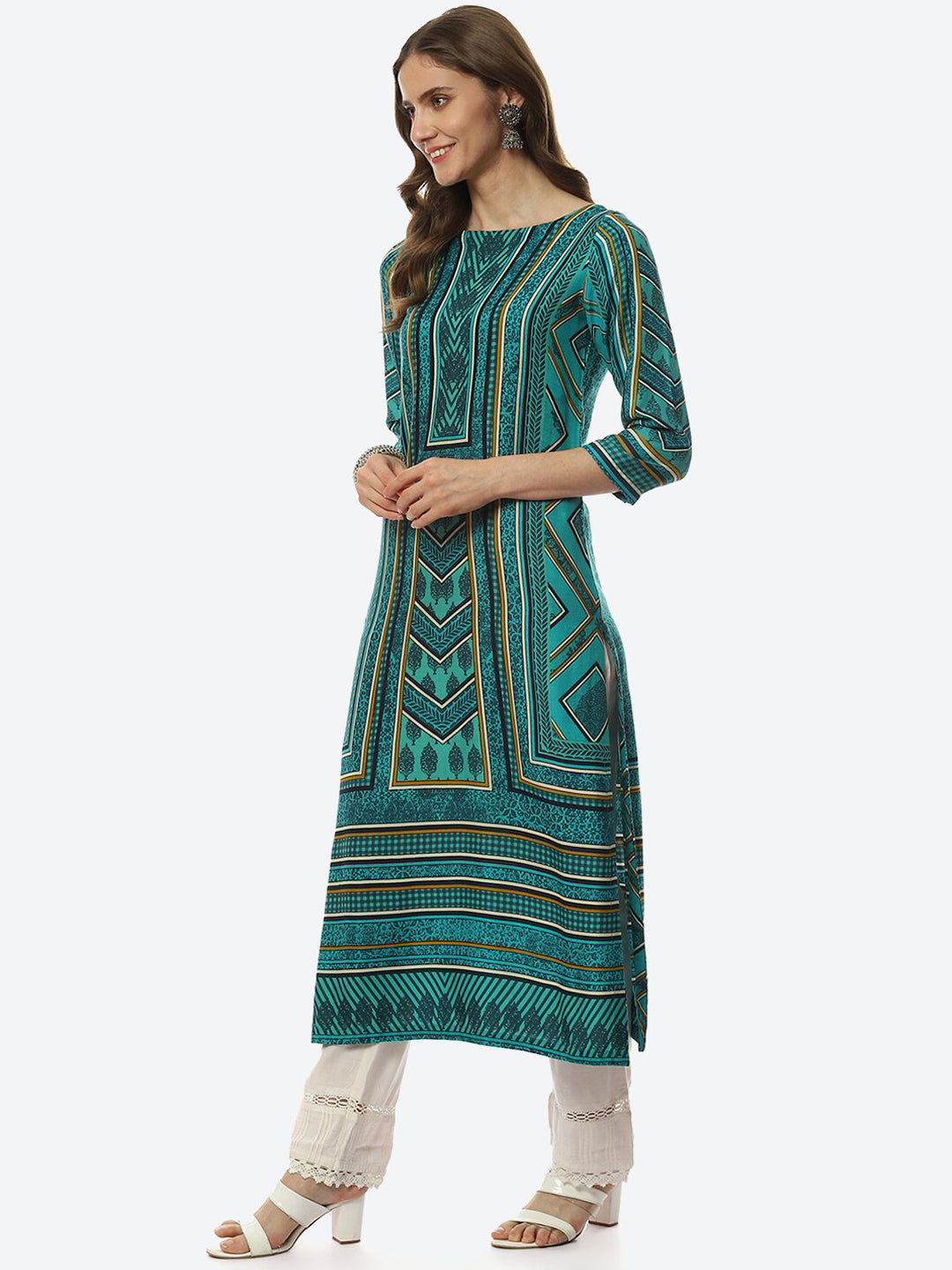 Biba Women Green & Black Printed Straight Kurta - Grab2buy