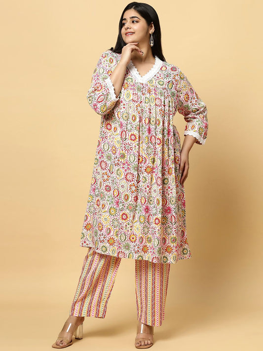 Sztori Plus Size Floral Printed V- Neck Pleated Pure Cotton A-Line Kurta With Lace Detail
