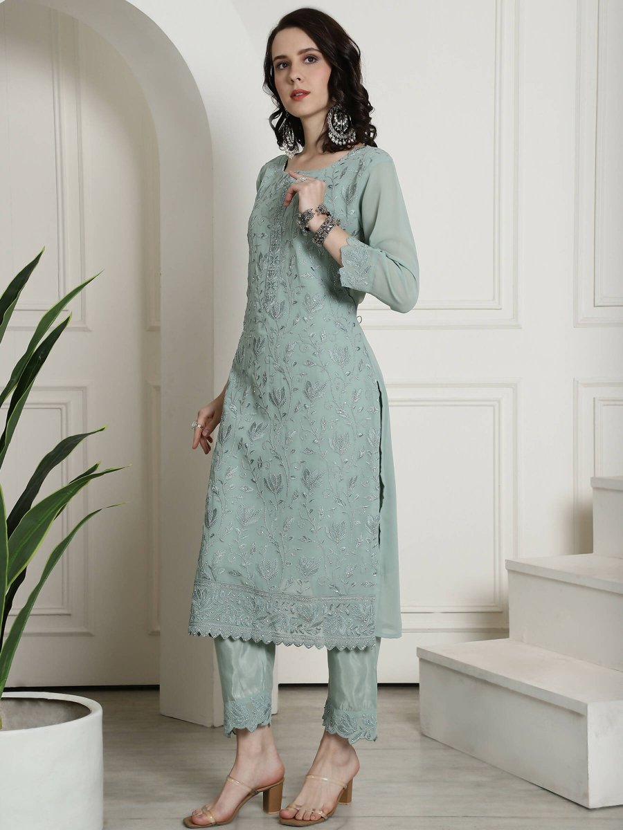 Aastha Fashion Women's Green Georgette Floral Resham Thread with Cording & Crystal work Kurta with Trouser & Dupatta - Grab2buy
