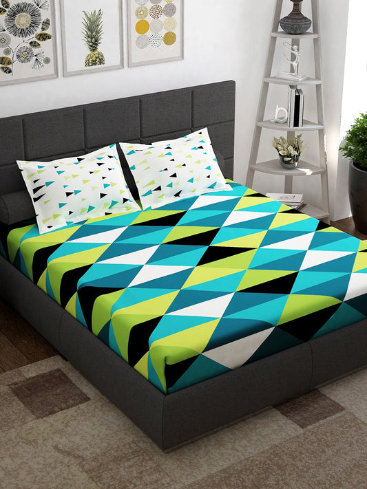 Story@home Ventura Teal & Black Geometric 152 TC Cotton Queen Bedsheet & 2 Pillow Covers Grab2Buy Story@home Grab2Buy