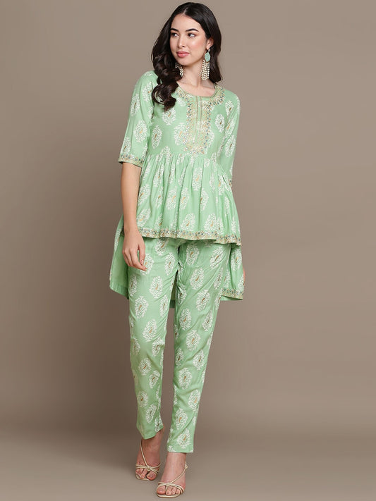HERE&NOW Ethnic Motifs Embroidered Thread Work Sequinned High-Low Kurti with Trousers