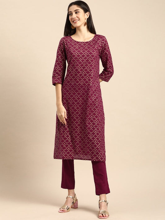 All About You Women Maroon Woven Design Pure Cotton Kurta with Trousers