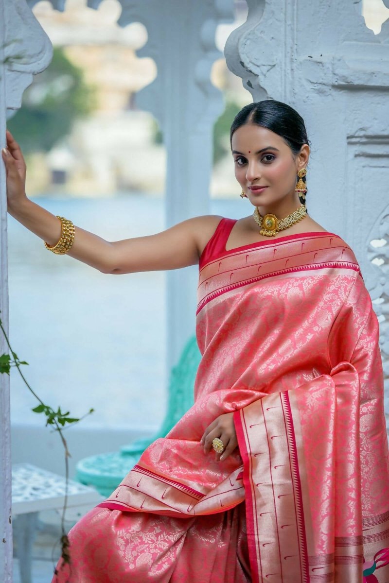 Aastha Fashion Peach Woven Kanjivaram Silk Saree with Blouse - Grab2buy