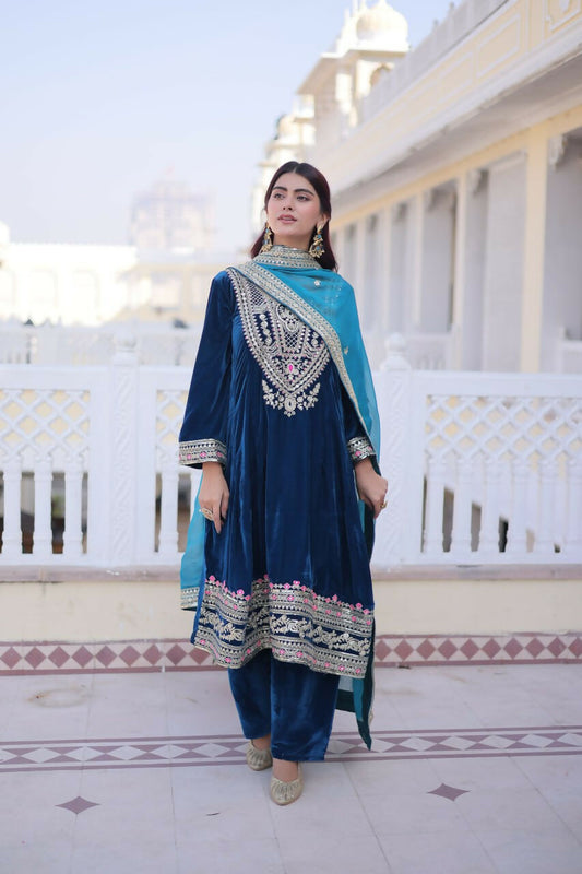 Teeya Creation Womens New Rama Velvet With Rich Zari Coding Embroidered Work Kurta Pant Dupatta Set