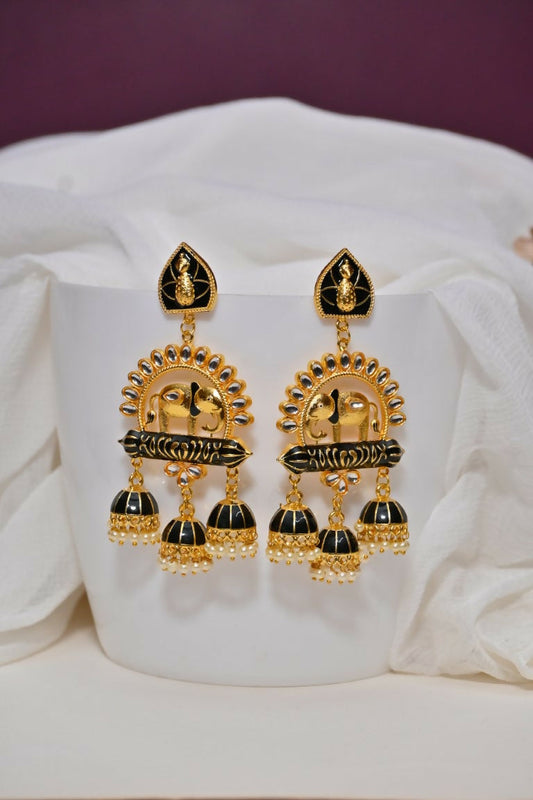 Black Traditional Gold-Polished Elephant Design Kundan Jhumka Jhumki Earrings Indian Jewellery For Women & Girls By House of Ree | Grab2Buy
