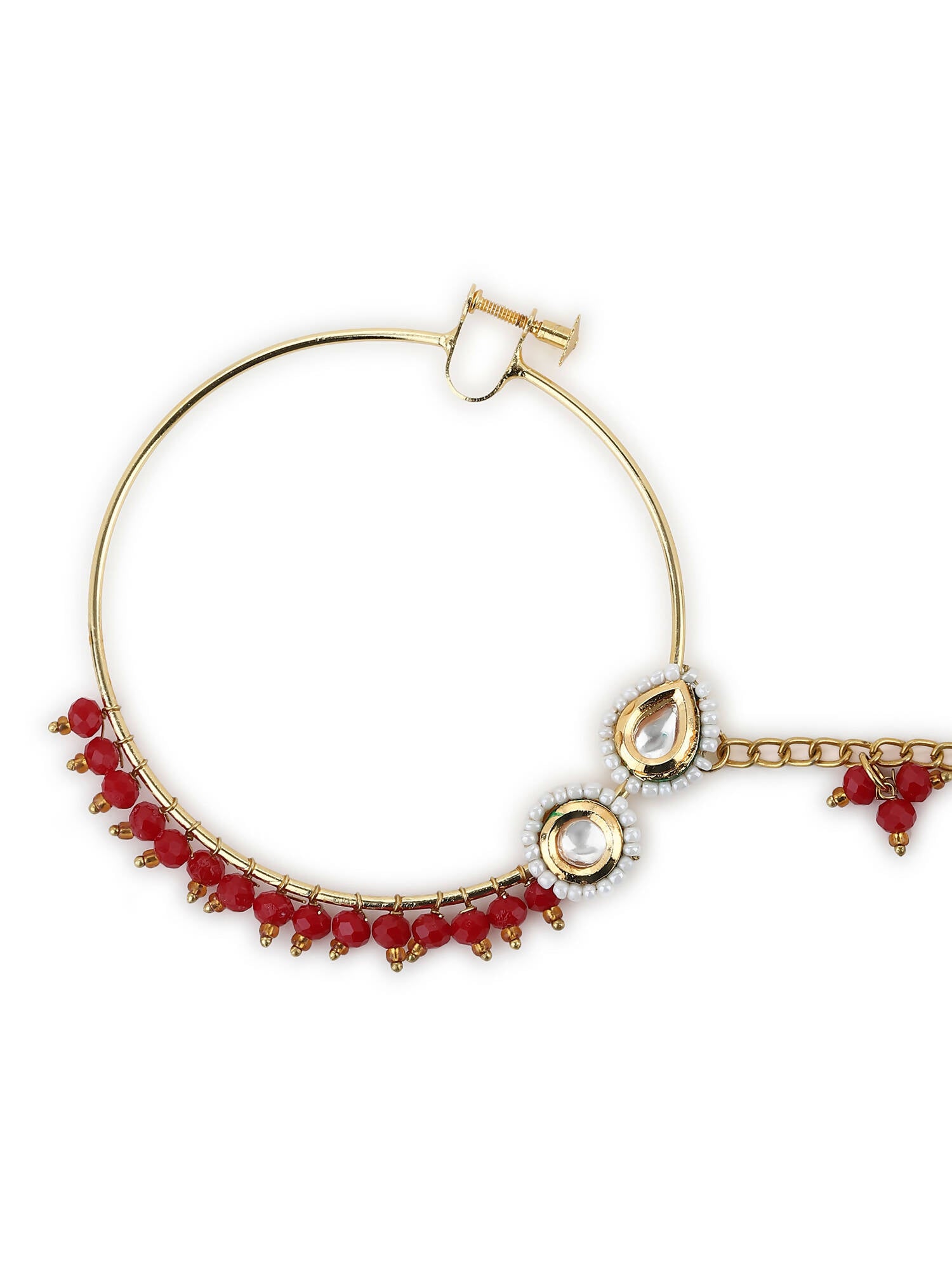 Gold-Plated White Red Kundan-Studded Pearl Beaded Nosepin - Ruby Raang - Grab2buy