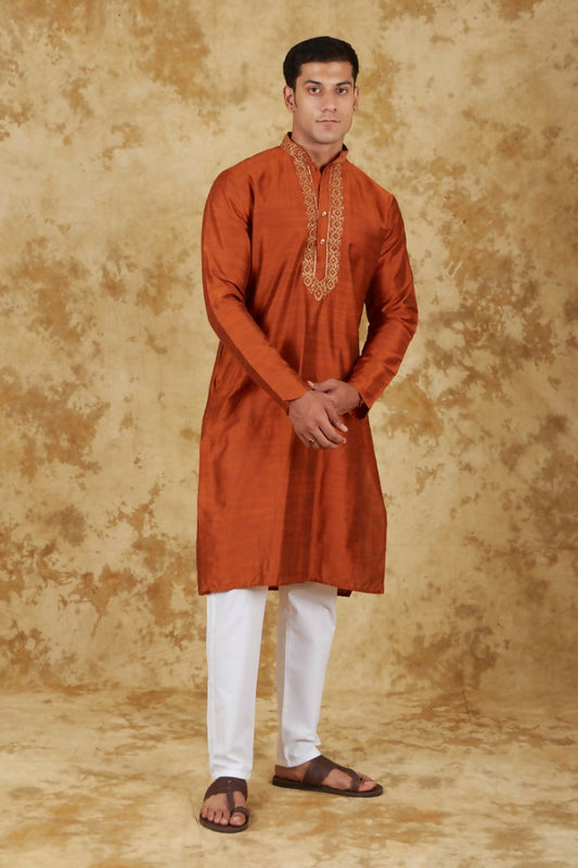 Bluesaanchi Men's Handloom Embroidered Tawny Kurta Set | Swadesiicart