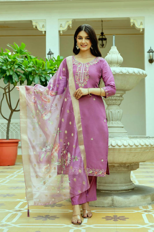 The52 Purple Women's Beautiful Embroidered Viscose Chanderi Silk Fabric with Straight Kurta, Pant and Dupatta Set | Grab2Buy
