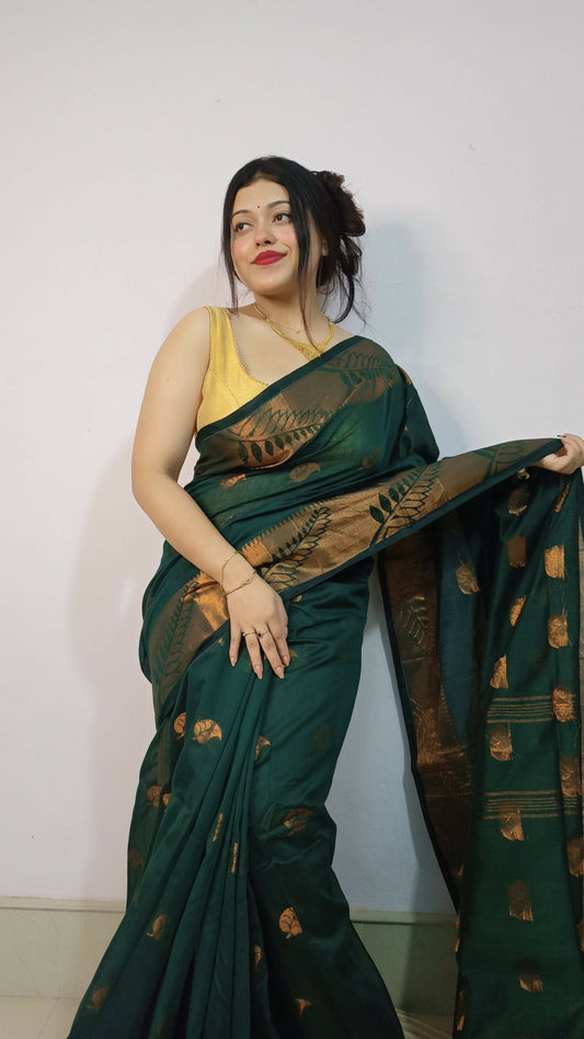 Exclusive Collection Beautiful Green Cotton Silk Woven Handloom Grab2Buy With Running Blouse Piece