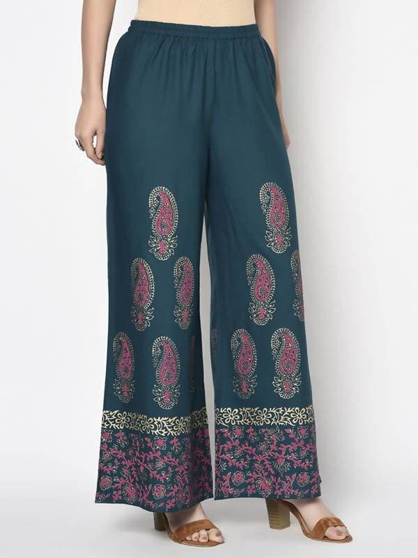 Aniyah Rayon Teal Blue Color Block Print Flared Slip-On Palazzo (AN-222K)