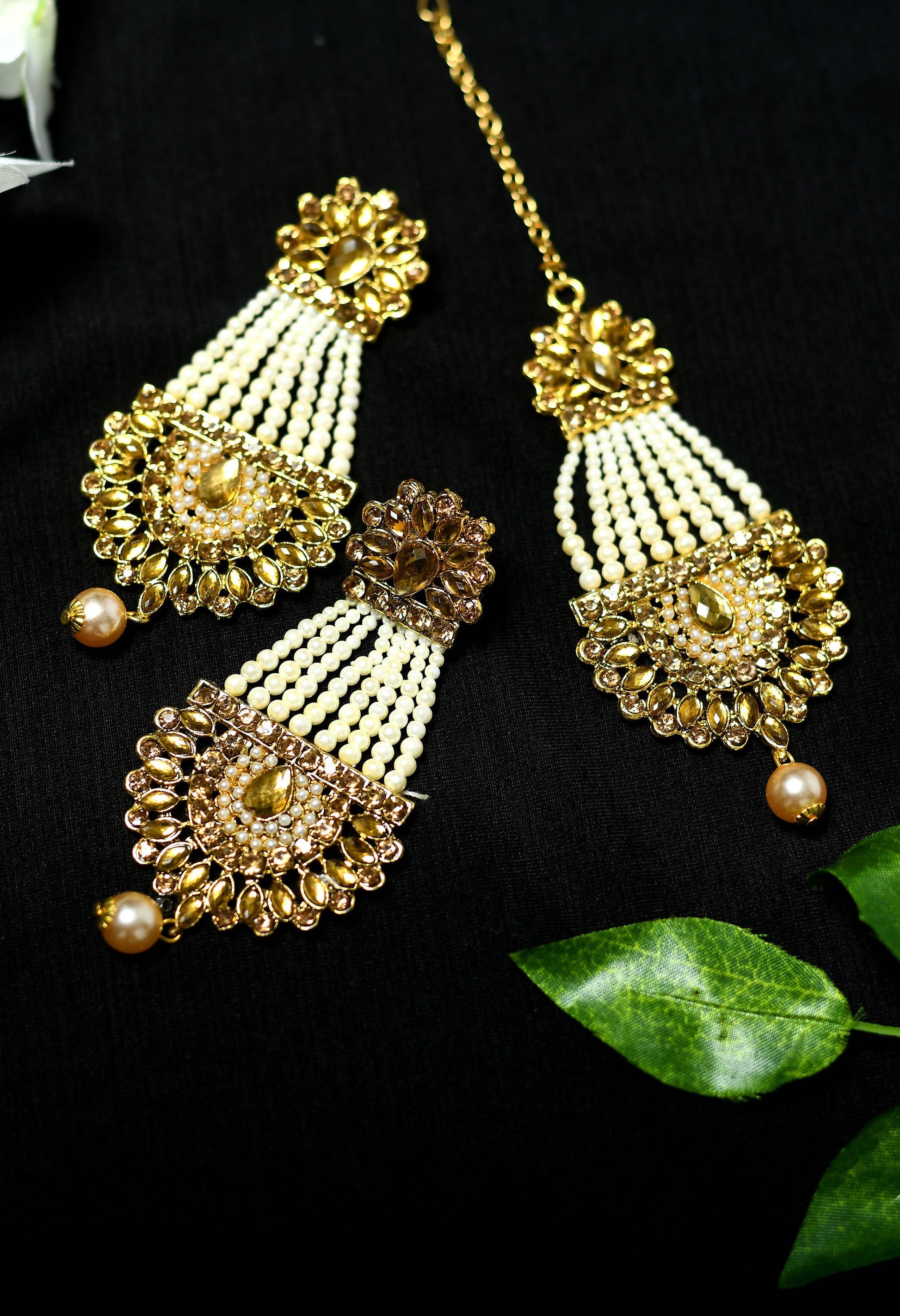 Mominos Fashion Johar Kamal Golden Kundan & Pearls Earrings With Tikka - Grab2buy