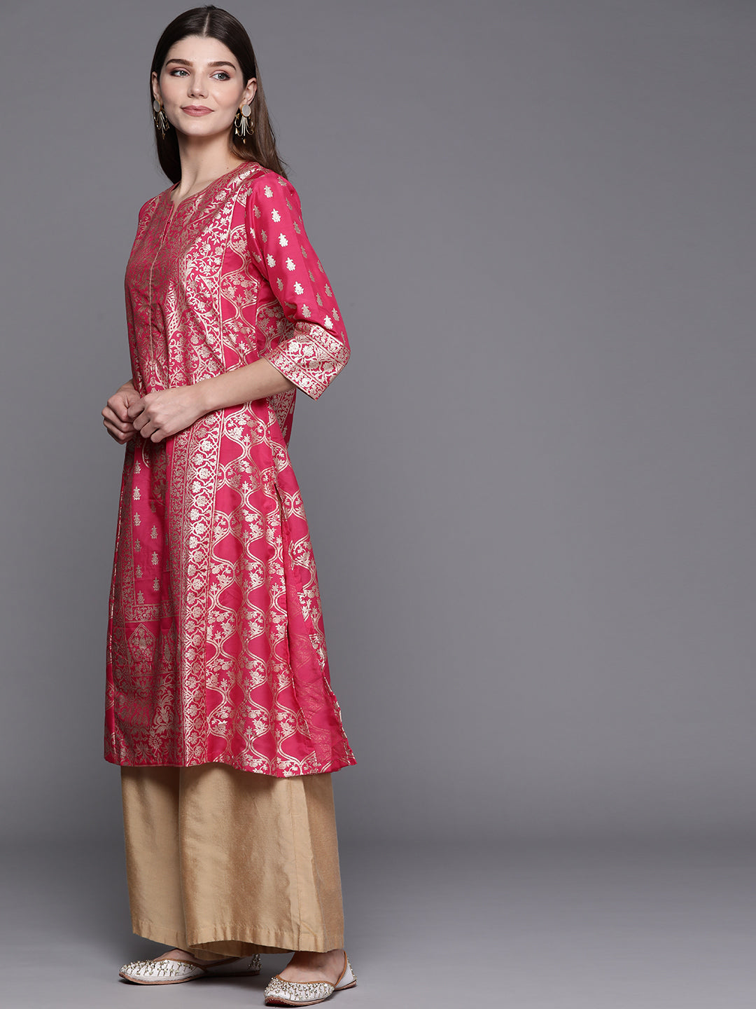 Biba Women Fuchsia & Gold-Toned Ethnic Motifs Kurta - Grab2buy