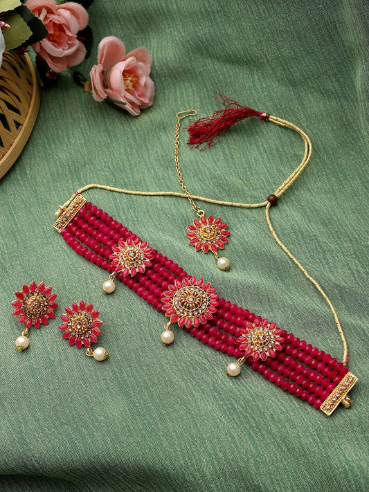 Cardinal Gold-Toned & Pink Onyx-Studded & Beaded Jewellery Set - Grab2buy