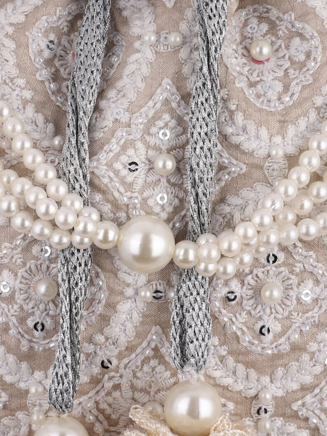 Masq Tan & White Embroidered Potli Clutch - Grab2buy