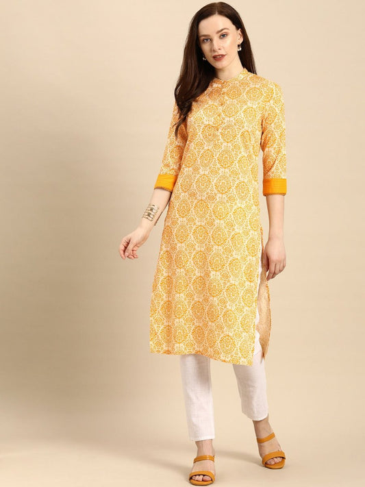 All About You Women Gold-Toned & White Printed Kurta