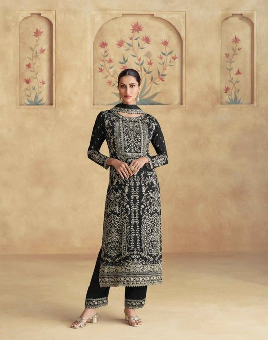 Vastranavya Black Chinon Silk Embroidered Sequins Pakistani Straight Pant Suit Grab2Buy Vastranavya Grab2Buy