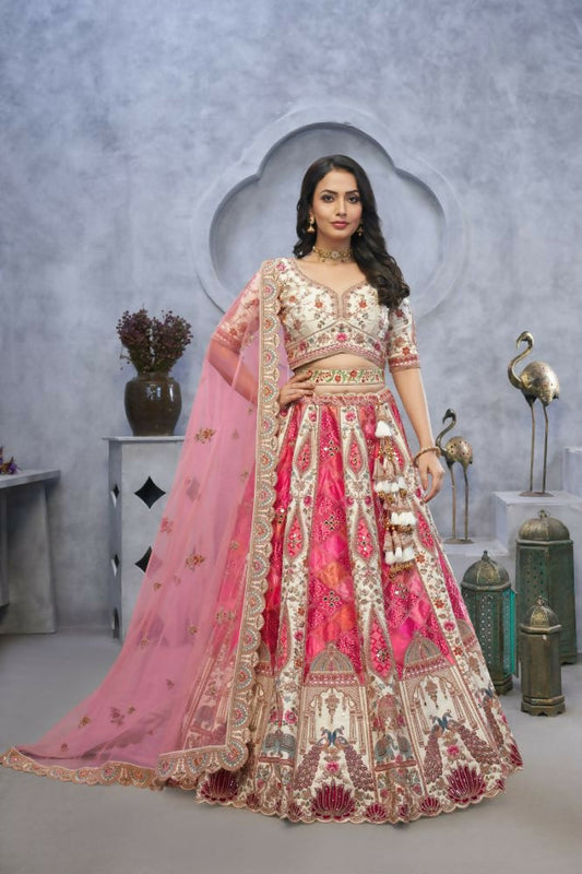 Kesar Fab Ivory Organza Embroidered Lehenga